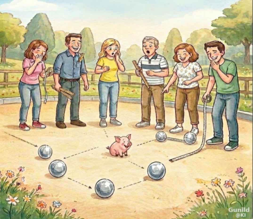 eine Gruppe von Boulespielern betrachtet ihre geworfenen Kugeln. Die Zielkugel ist als ein kleines, lebendiges Schweinchen gemalt.