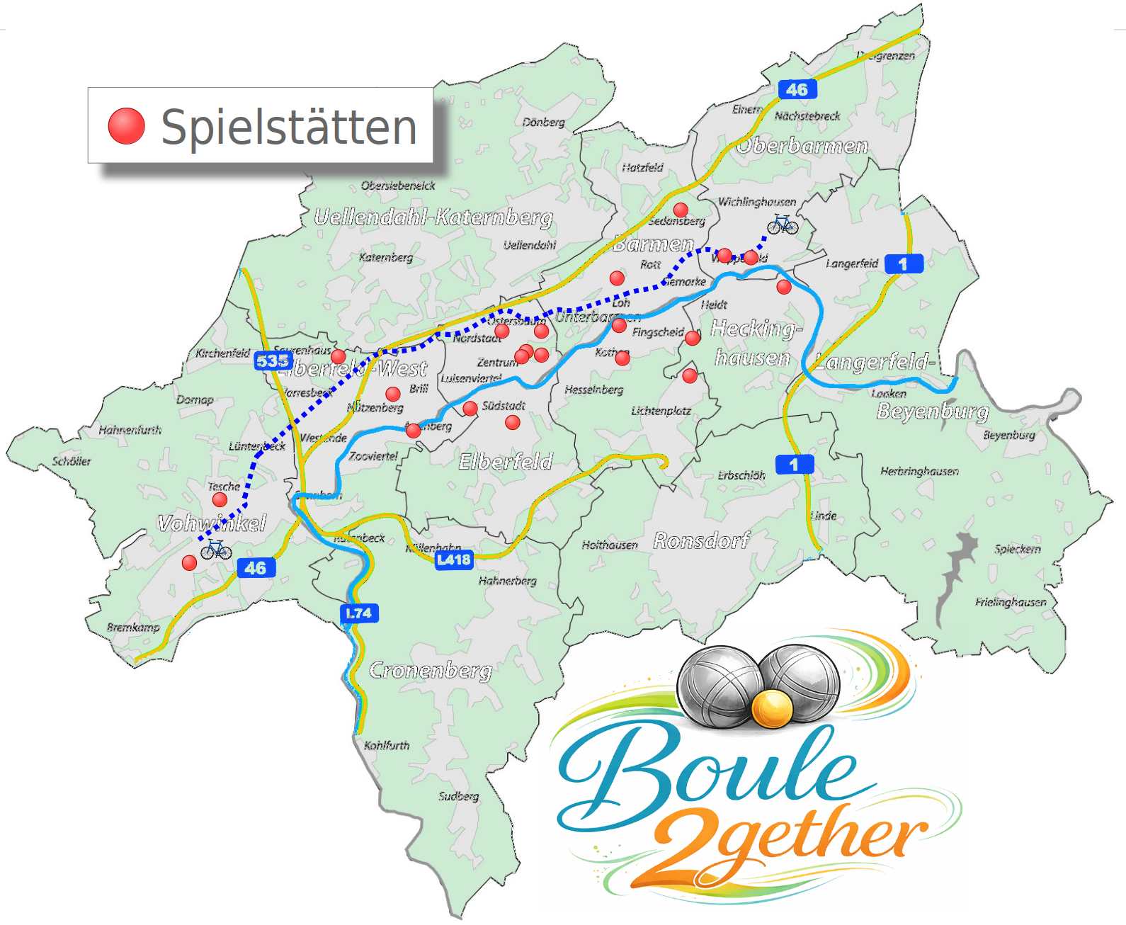 Übersicht der von der boule2gether Tour bespielten Bouleflächen. Diese sind mit roten Stecknadelpunkten auf einer Karte von Wuppertal markiert sind